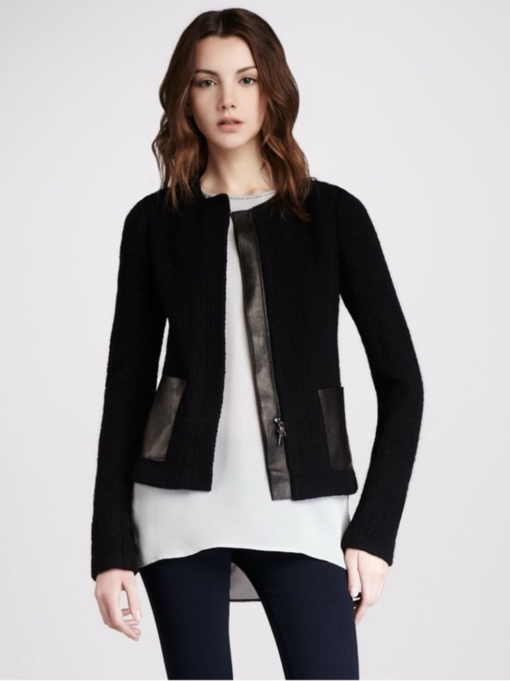 VINCE Black Wool Blend Jacket Leather Pockets and Trim Size 6 Like New